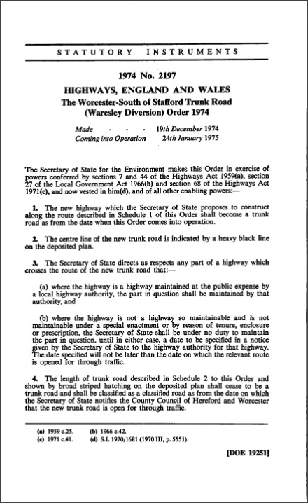 The Worcester-South of Stafford Trunk Road (Waresley Diversion) Order 1974