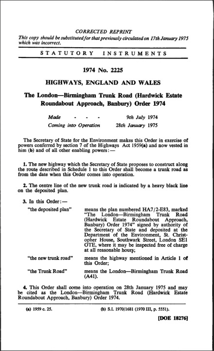 The London—Birmingham Trunk Road (Hardwick Estate Roundabout Approach, Banbury) Order 1974