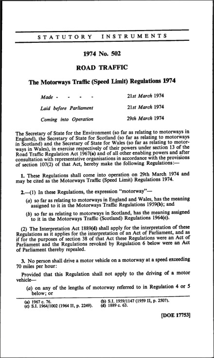 The Motorways Traffic (Speed Limit) Regulations 1974