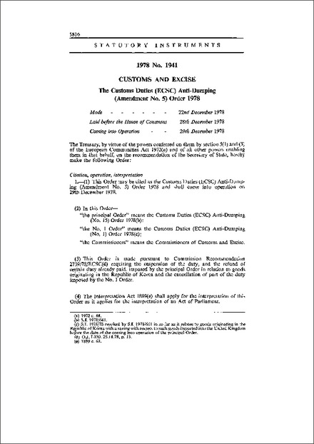 The Customs Duties (ECSC) Anti-Dumping (Amendment No. 5) Order 1978