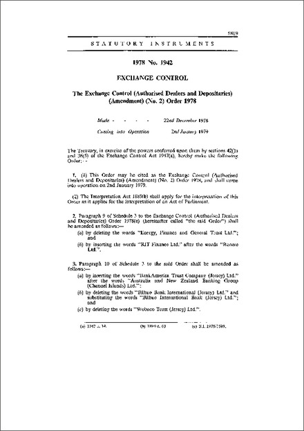 The Exchange Control (Authorised Dealers and Depositaries) (Amendment) (No. 2) Order 1978
