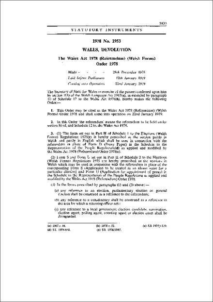 The Wales Act 1978 (Referendum) (Welsh Forms) Order 1978