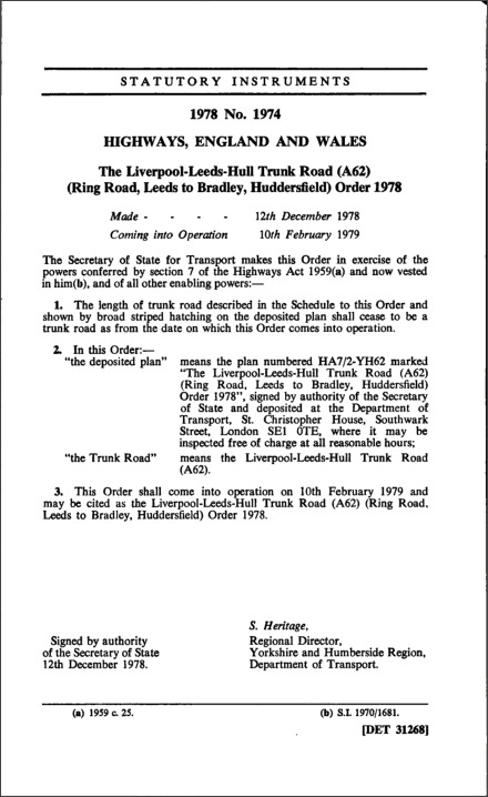 The Liverpool-Leeds-Hull Trunk Road (A62) (Ring Road, Leeds to Bradley, Huddersfield) Order 1978