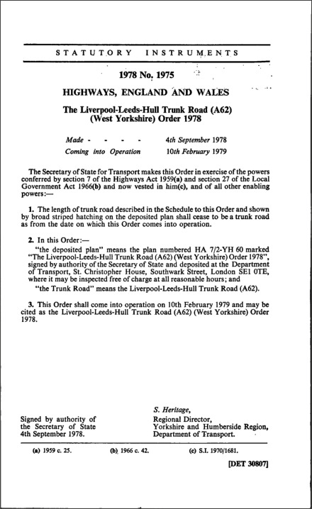 The Liverpool-Leeds-Hull Trunk Road (A62) (West Yorkshire) Order 1978