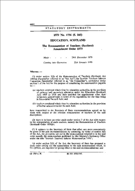 The Remuneration of Teachers (Scotland) Amendment Order 1979