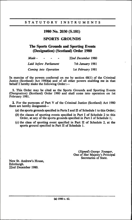 The Sports Grounds and Sporting Events (Designation) (Scotland) Order 1980
