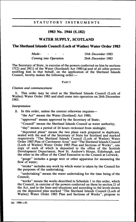 The Shetland Islands Council (Loch of Watlee) Water Order 1983