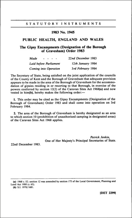 The Gipsy Encampments (Designation of the Borough of Gravesham) Order 1983
