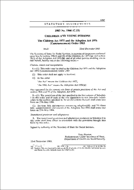 The Children Act 1975 and the Adoption Act 1976 (Commencement) Order 1983