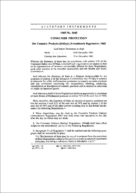 The Cosmetic Products (Safety) (Amendment) Regulations 1985