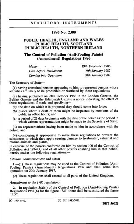 The Control of Pollution (Anti-fouling Paints) (Amendment) Regulations 1986