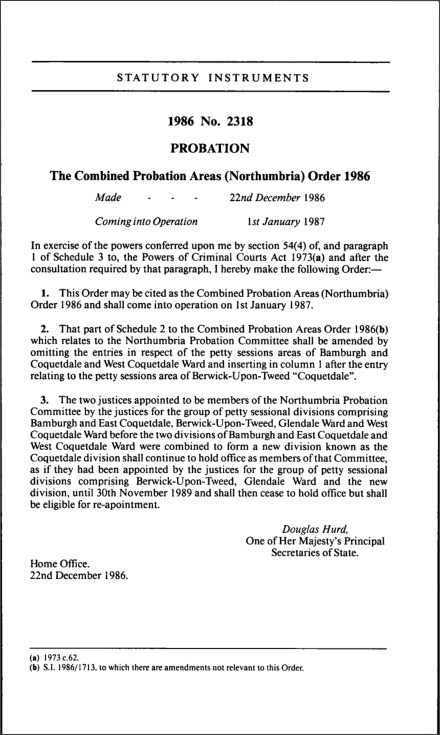 The Combined Probation Areas (Northumbria) Order 1986