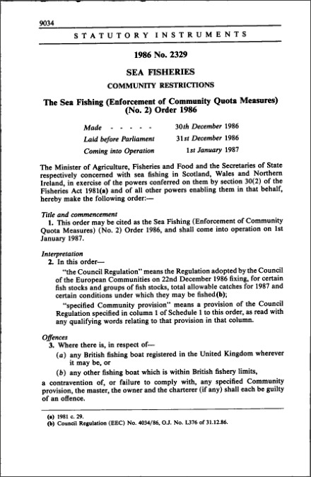 The Sea Fishing (Enforcement of Community Quota Measures) (No. 2) Order 1986