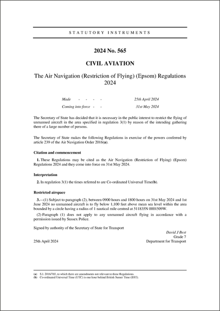 The Air Navigation (Restriction of Flying) (Epsom) Regulations 2024