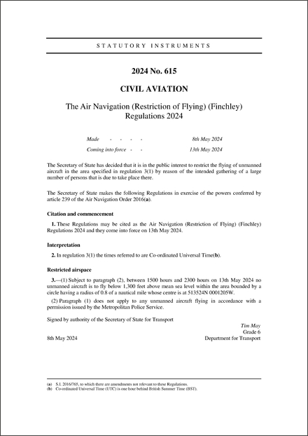The Air Navigation (Restriction of Flying) (Finchley) Regulations 2024