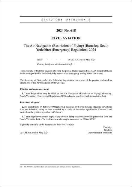 The Air Navigation (Restriction of Flying) (Barnsley, South Yorkshire) (Emergency) Regulations 2024