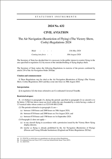 The Air Navigation (Restriction of Flying) (The Victory Show, Cosby) Regulations 2024